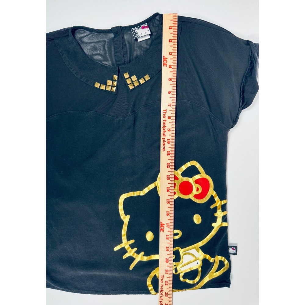 Hello‎ Kitty Sanrio Top Womens Large Black Gold Studded Collar Sheer Button Back - Picture 10 of 12